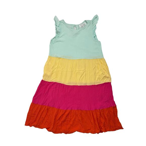 MARGAUX RIVIERA Sherbet Stripe Crinkle Viscose Midi Dress Medium Blue Yellow Pin - Picture 4 of 10